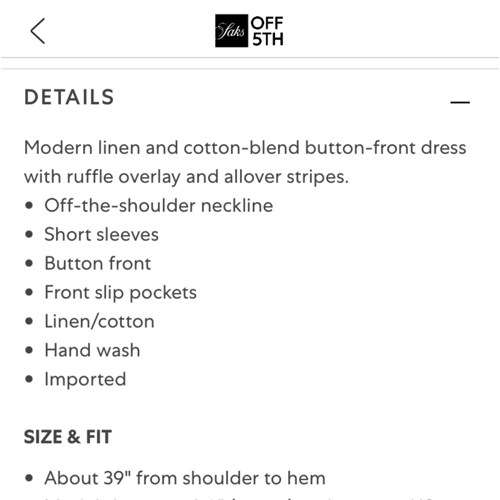 Cotton/Linen Off Shoulder Saks fifth Dress - Picture 2 of 9